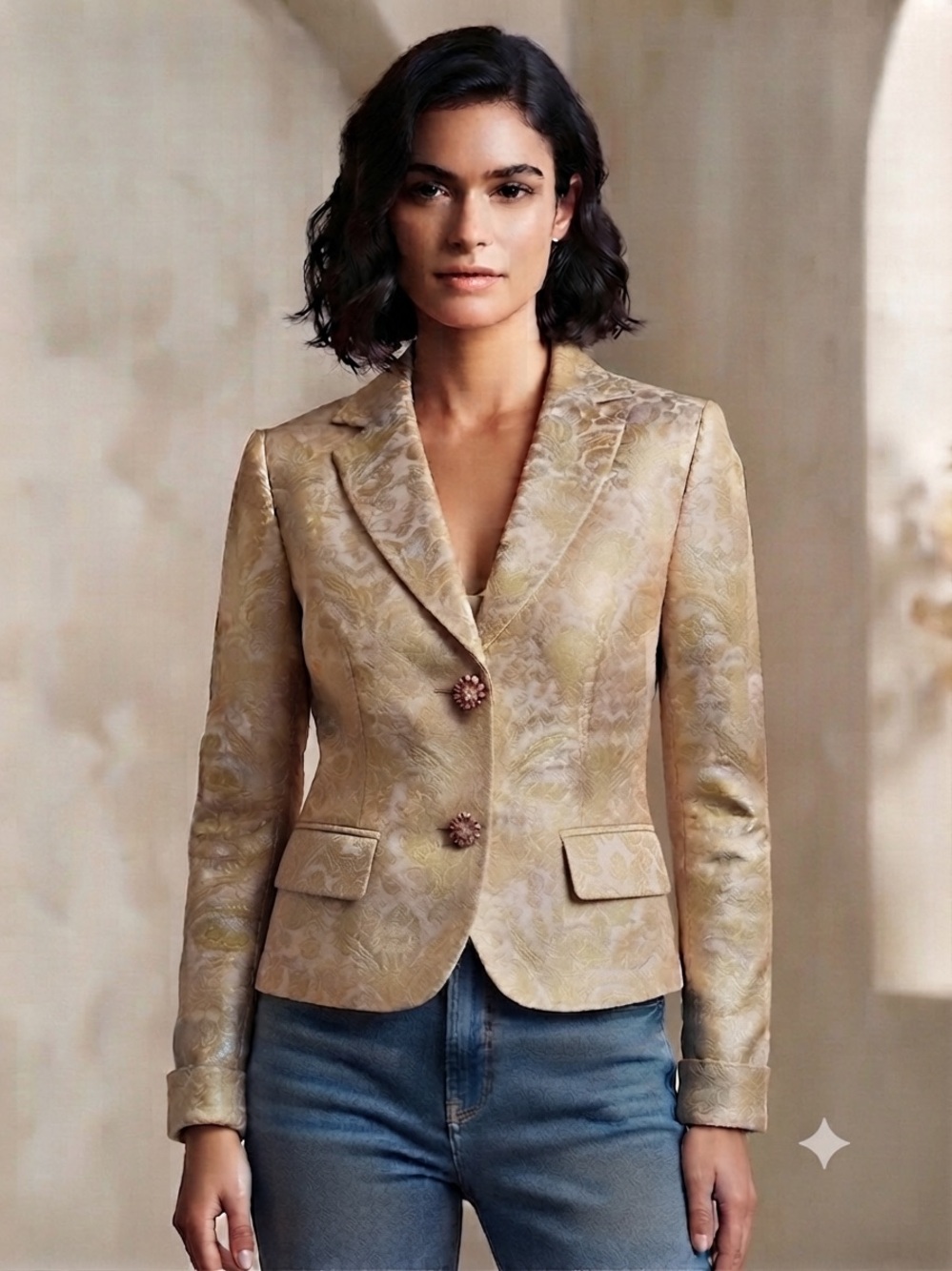 VTG Worthington Paisley Jacquard Blazer Light Beige/Gold/Pink Rhinestone Buttons